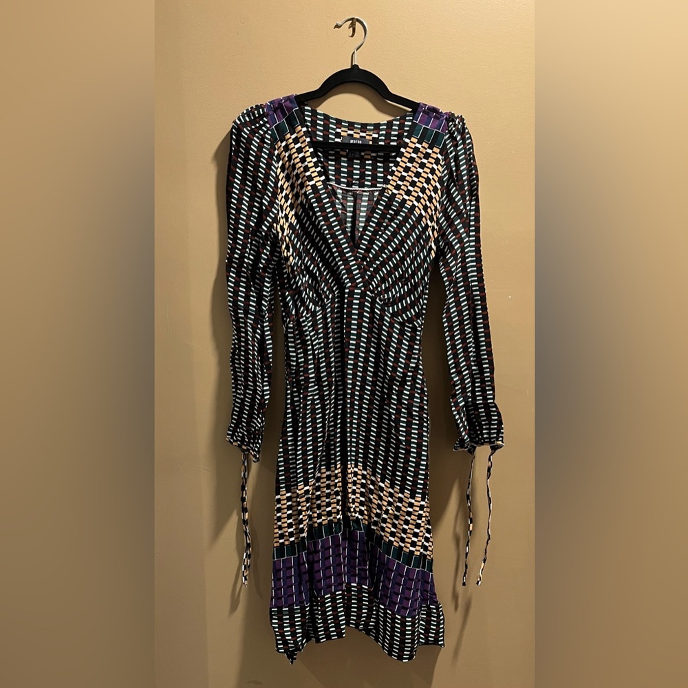 Maeve (Anthropologie) color checked midi-dress with tie sleeves. Size 4, TTS.
